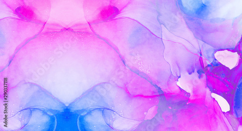 Fantasy light blue, pink and purple alcohol ink abstract background. Bright liquid watercolor paint splash texture effect illustration for card design, modern banners, ethereal graphic design. © KatMoy