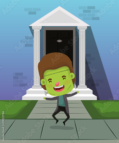 halloween season scene with kid costume frankenstein