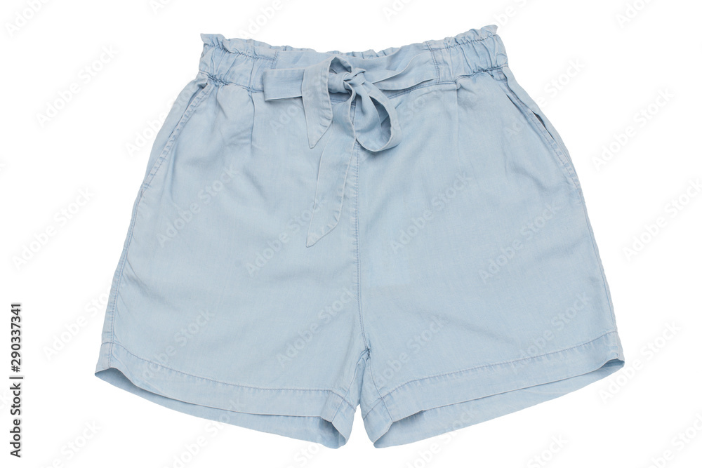 Summer shorts isolated. Closeup of a female stylish fashionable light blue short pant with ribbon bow isolated on a white background. Sexy woman fashion. Summer shorts isolated. Closeup of a female stylish fashionable light blue short pant with ribbon bow isolated on a white background. Sexy woman fashion.