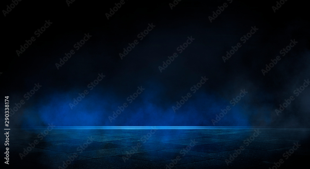 Obraz premium Blue dark background of empty foggy street with wet asphalt, illuminated by a searchlight, laser beams, smoke