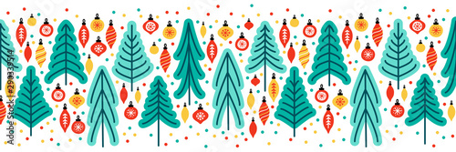 Cute Scandinavian Christmas Tree Market banner background with hand drawn Fir Trees and Christmas balls