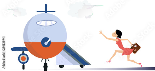 Young woman in the airport illustration. Scurrying young woman with suitcase trying does not miss the flight isolated on white