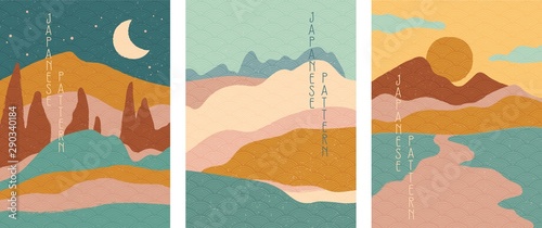 Triptych of simple stylised minimalist Japanese landscapes in muted colors, abstract elements. Vector illustration