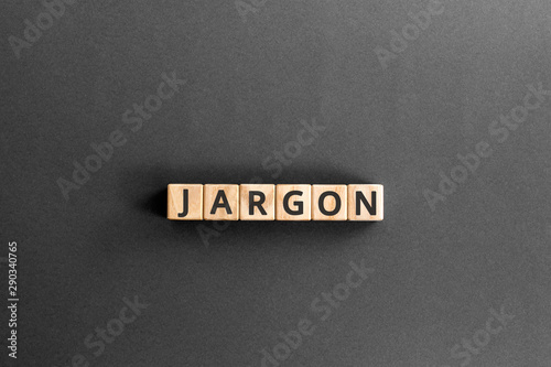 Jargon  - word from wooden blocks with letters,  special words and phrases jargon concept, top view on grey background photo