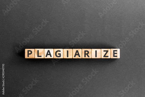 plagiarize - word from wooden blocks with letters, wrongful appropriation stealing and publication plagiarize concept, top view on grey background