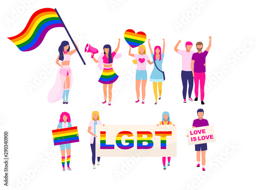 LGBT members flat characters set. Pride parade  march participants with rainbow flags isolated cartoon illustrations. Homosexual couples  gay community members protesting  fighting for equal rights