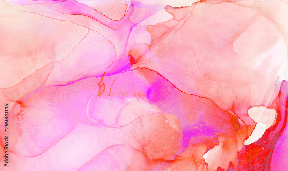 Bright soft light pink alcohol ink abstract background. Flow liquid magenta watercolor paint splash texture effect illustration for card design, modern banners, ethereal graphic design