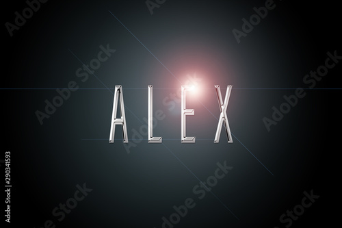 first name Alex in chrome on dark background with flashes