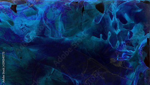 Bright dark blue alcohol ink neon abstract background. Modern deep glowing flow liquid watercolor paint splash texture effect illustration for card design, creative banners, ethereal graphic design. © KatMoy