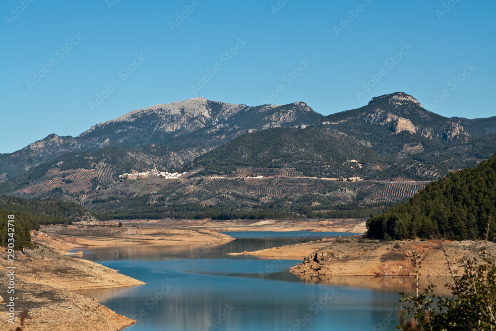 Panoramic view of reservoir of Tranco at half of its capacity, in the province of Jaen, Spain