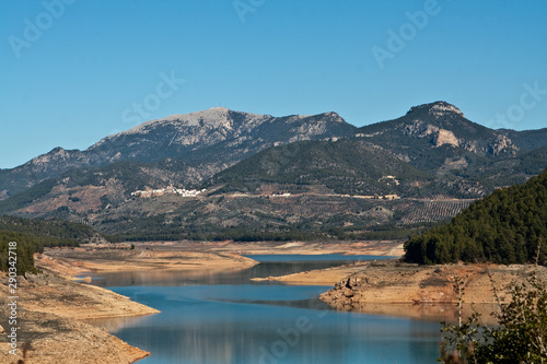 Panoramic view of reservoir of Tranco at half of its capacity, in the province of Jaen, Spain