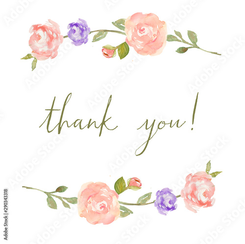 Cute Flower Frame Background with Painted Roses and Thank You Text