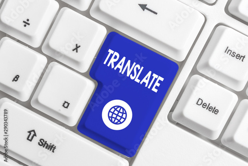 Writing note showing Translate. Business concept for Another word with same equivalent meaning of a target language White pc keyboard with note paper above the white background photo