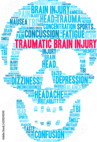 Traumatic Brain Injury Word Cloud on a white background. 
