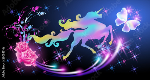 Iridescent unicorn with luxurious winding mane and butterfly against the background of the fantasy universe with sparkling stars and roses