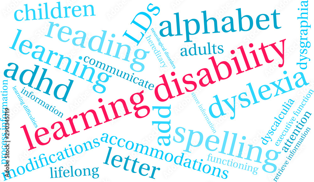 Learning Disability word cloud on a white background. Learning Disability word cloud on a white background.