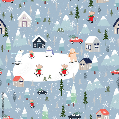 Seamless pattern Cute Christmas landscape in the town with fairy tale houses, polar bear playing ice skates, trees and cars, Vector Panorama flat design in winter city life on Christmas