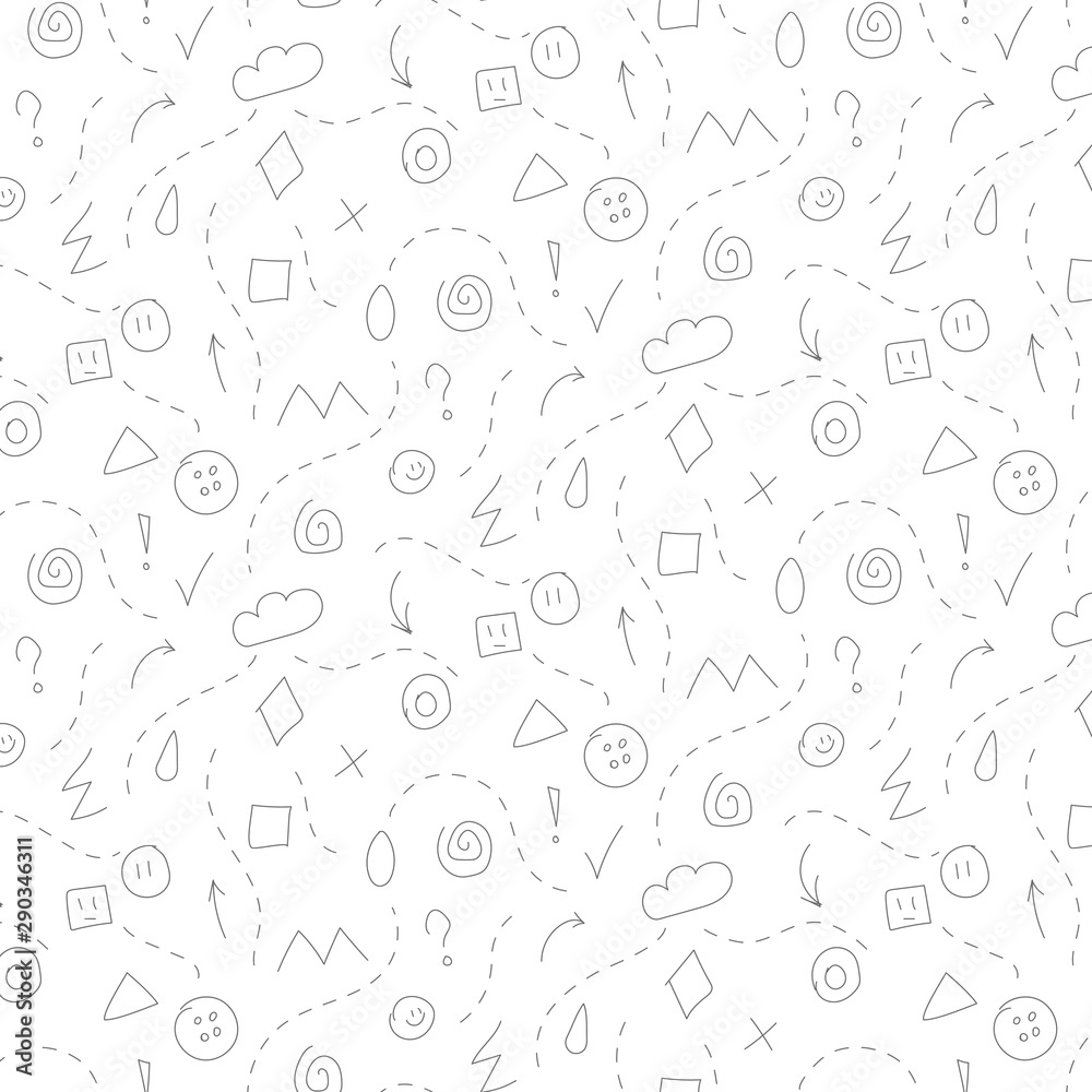 Seamless vector black and white pattern of various hand-drawn elements.