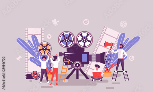 Flat web page design template of video production homepage or header decorated people character for website and mobile website development. Flat landing page template. Vector illustration.