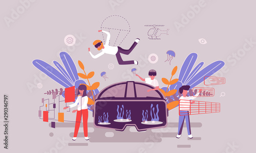 Flat web page design template of virtual reality homepage or header decorated people character for website and mobile website development. Flat landing page template. Vector illustration.