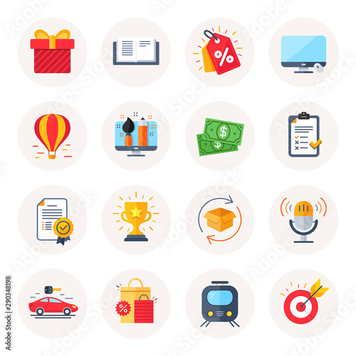 Gift box, checklist, air balloon vector icons. Prize winner, package return, trophy award buttons. Book, discount tags, car rentals icons. Report checklist, winner medal, cash money vector buttons.