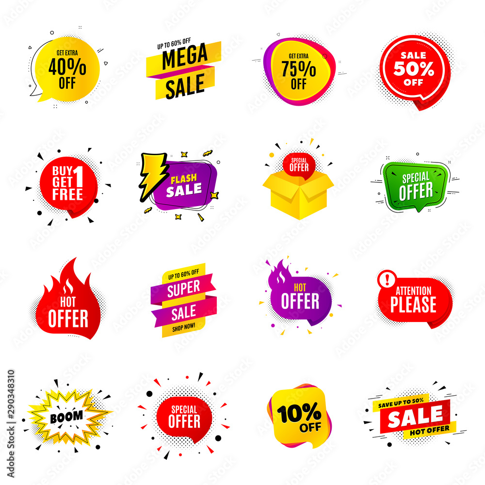 Mega sale vector banner. Special offer, discounts templates. Online shop sale badge. Buy 1 get 1 free. Hot offer banner. Boom comic badge. Black friday stickers. Discounts vector