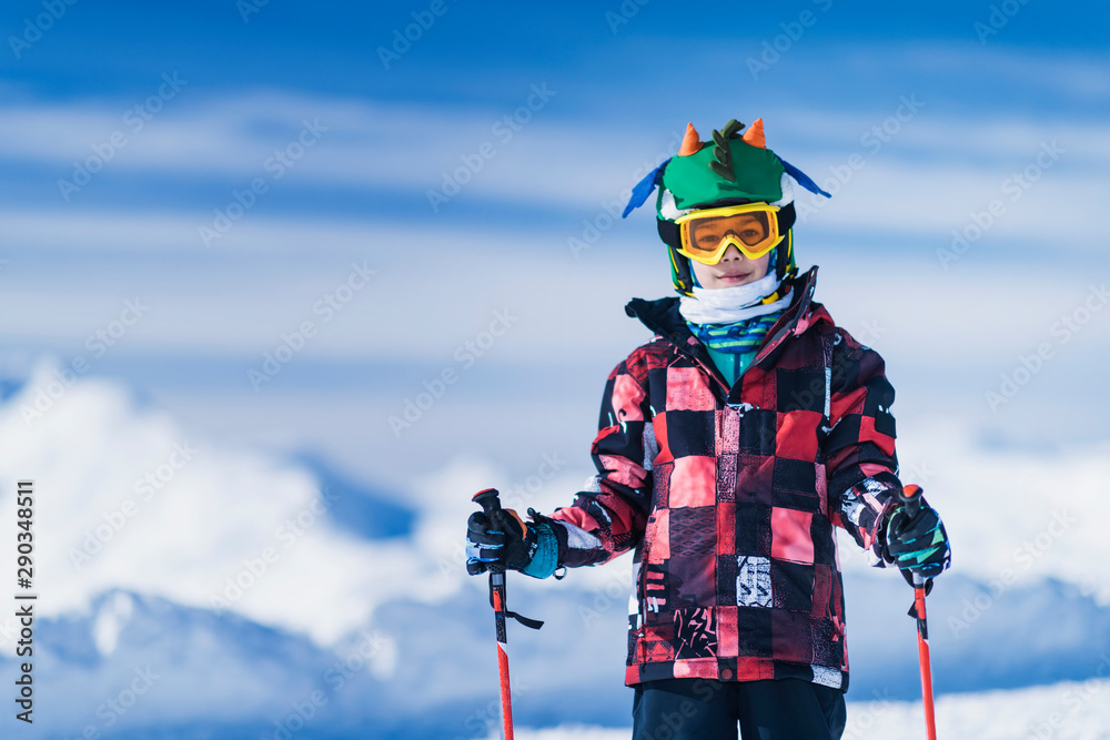 Skiing Boy on a Mountain Top - obrazy, fototapety, plakaty 
