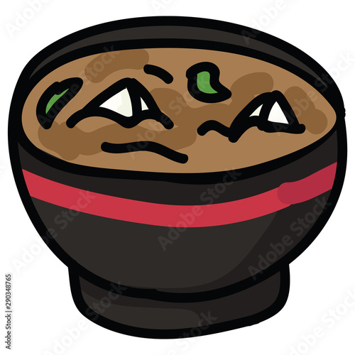 Cute miso soup with tofu illustration. Hand drawn Japanese food nori clipart. 