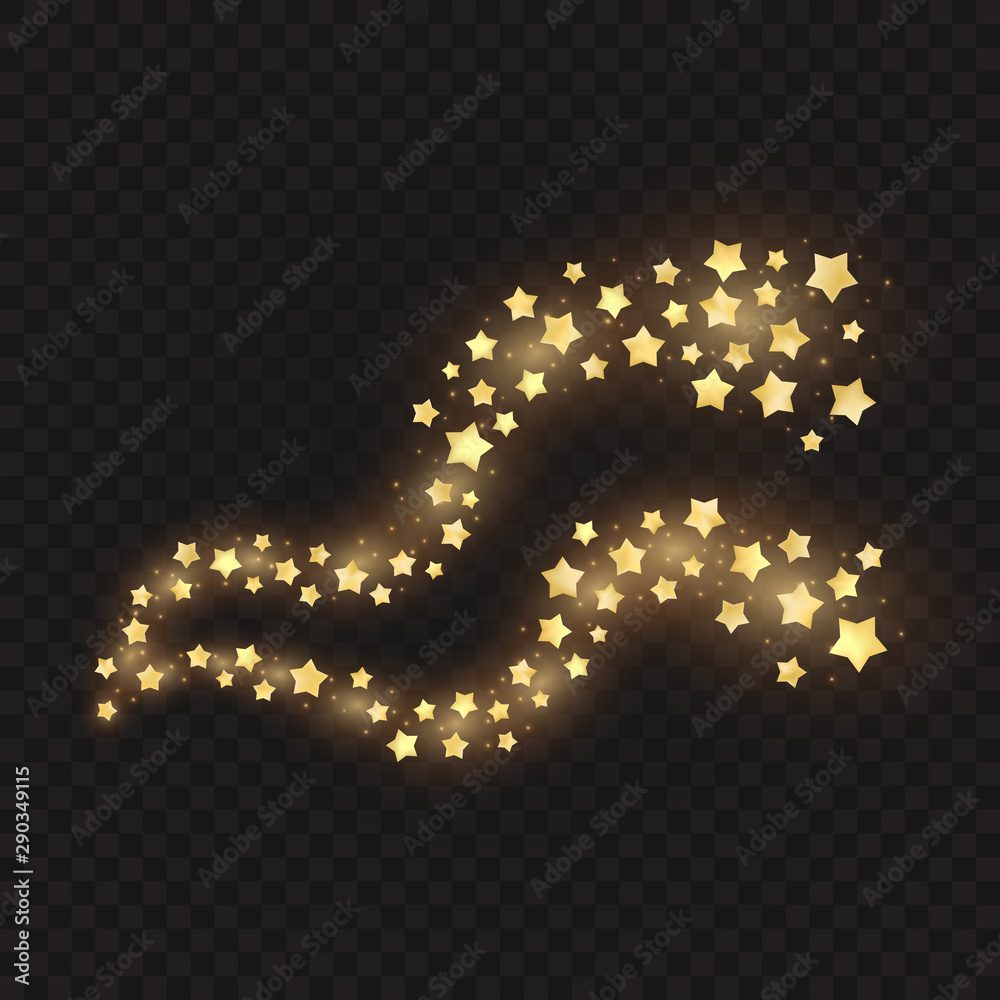 Vector golden waves. Glowing stars on dark transparent background.