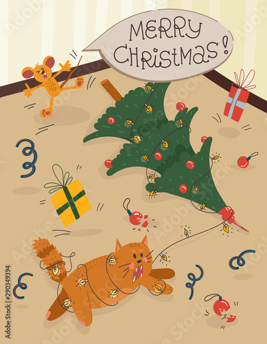 Fun and dynamic Christmas cards and posters design. Cute cat knocked over the Christmas tree, entangled in a garland and scared the mouse, symbol of the 2020 year. Hand drawn vector illustration.