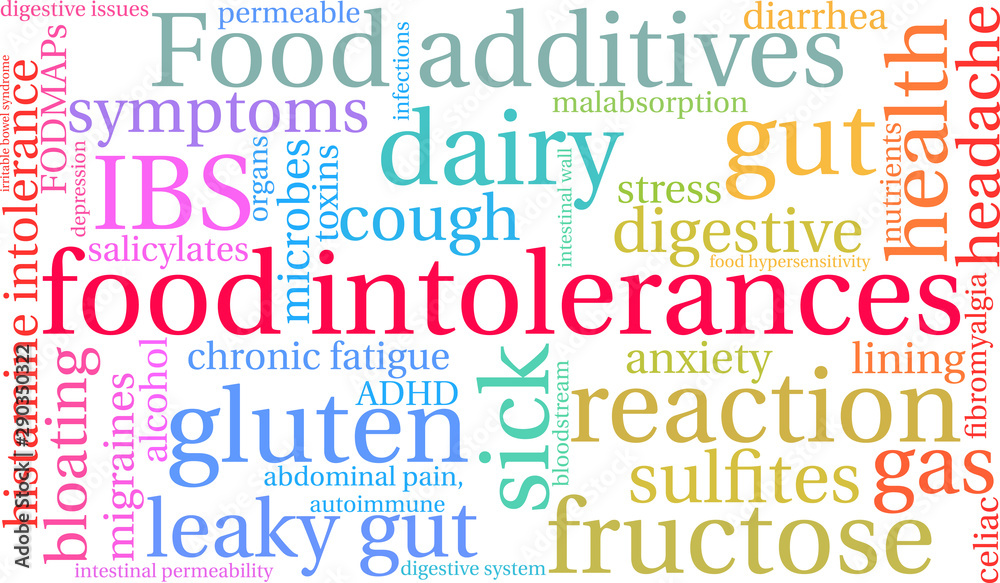Food Intolerances Word Cloud on a white background. Food Intolerances Word Cloud on a white background.