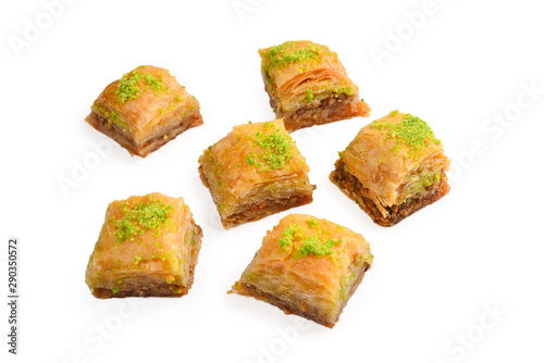 Pistachio baklava on a white background. Dessert.