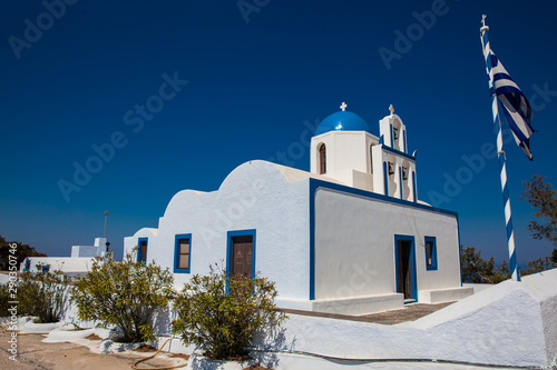 The Profitis Ilias church located next to walking path No. 9 between Fira and Oia in Santorini Island