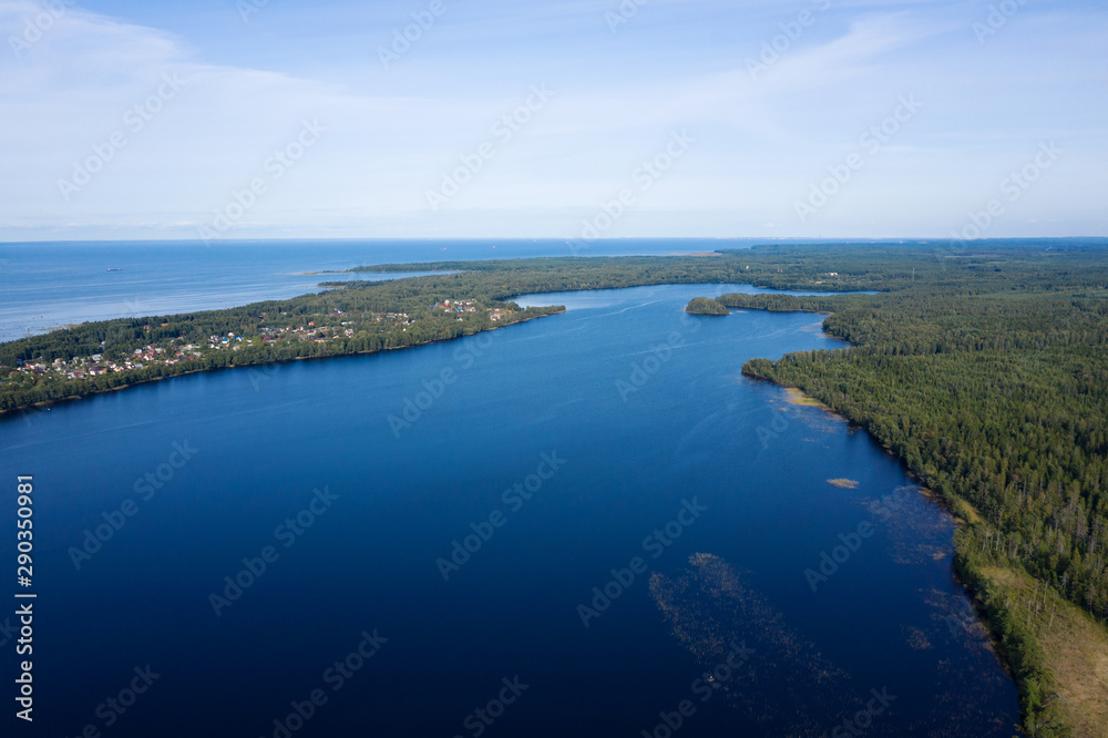 Aerial view from drone on summer forest and lake