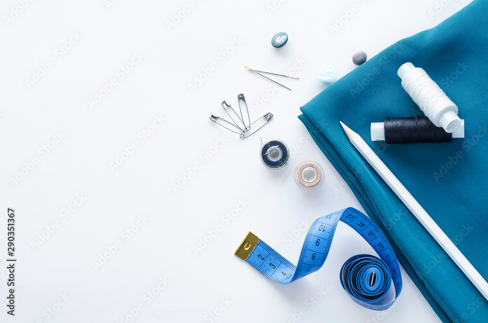 Tailor`s Work Desk. Pattern of Sewing Accessories and Tools on White  Background Top View Copyspace Stock Image - Image of professional,  manufacturing: 113165393