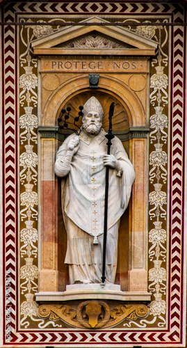 Statue of Saint Ambrose at Torre del Filarete of Sforza's castle in Milan, Italy