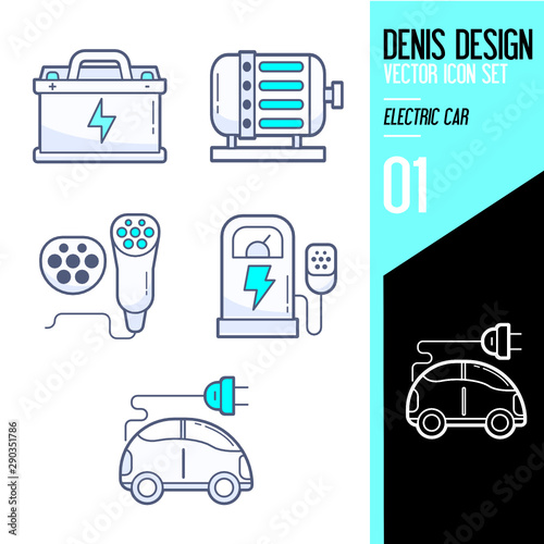 Elektroauto Vektor Icons Batterie Elektromotor Ladestecker Ladestation Elektrofahrzeug
