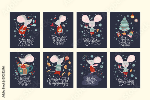 Christmas funny cartoon mouse set in a flat style with hand drawn lettering quote. Winter vector poster collection with cute New Year mice.