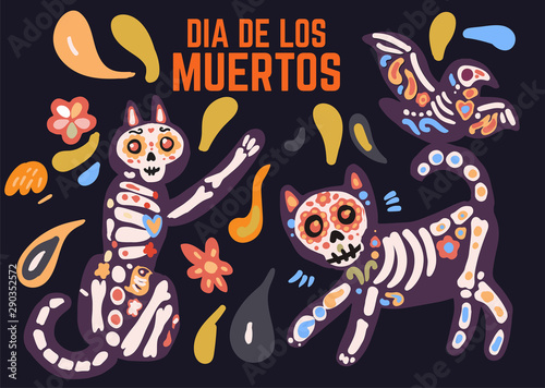 Dia de los muertos celebration card with cute cartoon cat and bird painted as sugar skull calavera  flowers in traditional style. Text translation  Day of the Dead.