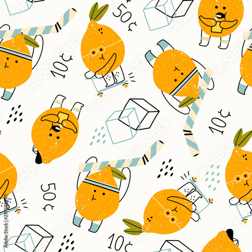 Hand drawn cute anthropomorphic lemons doing various stuff. Funny vector illustration for kids. Colored trendy seamless pattern. Cartoon style. Perfect for lemonade market decoration