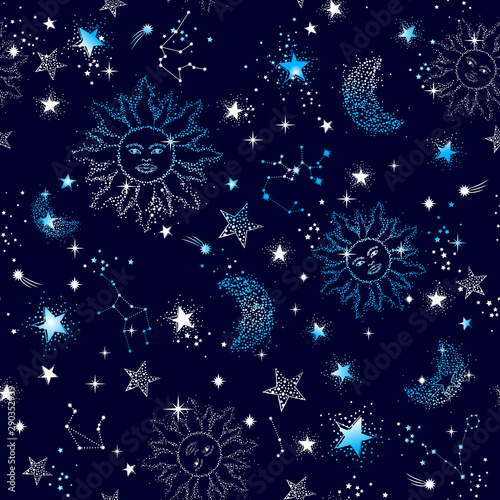 Space Galaxy constellation seamless pattern print could be used for textile, zodiac star yoga mat, phone case