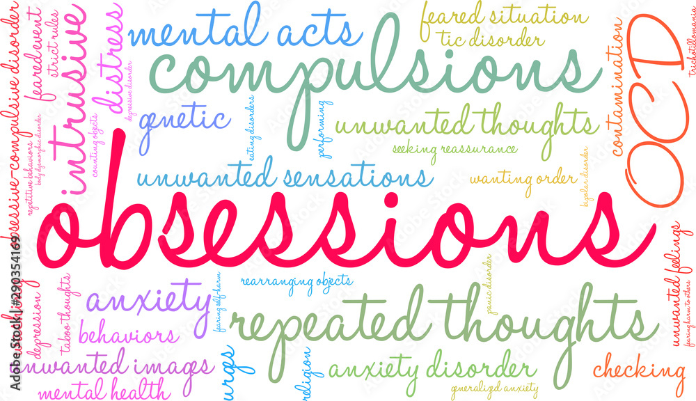 Obsessions Word Cloud on a white background. Obsessions Word Cloud on a white background.