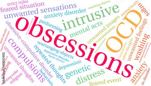 Obsessions with OCD Word Cloud on a white background. 