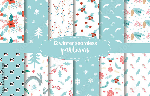 Christmas plant pattern Blue winter time seamless backgrounds. Endless texture for wallpaper Vector
