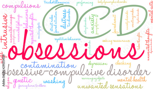 Obsessions with OCD Word Cloud on a white background. 