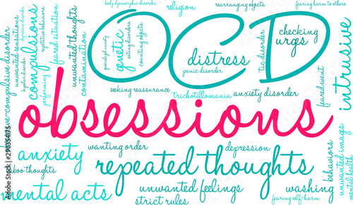 Obsessions in OCD Word Cloud on a white background. 