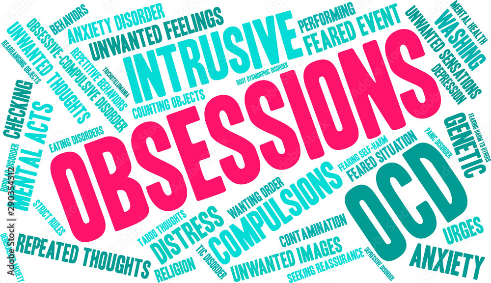 Obsessions with OCD Word Cloud on a white background. Obsessions with OCD Word Cloud on a white background.
