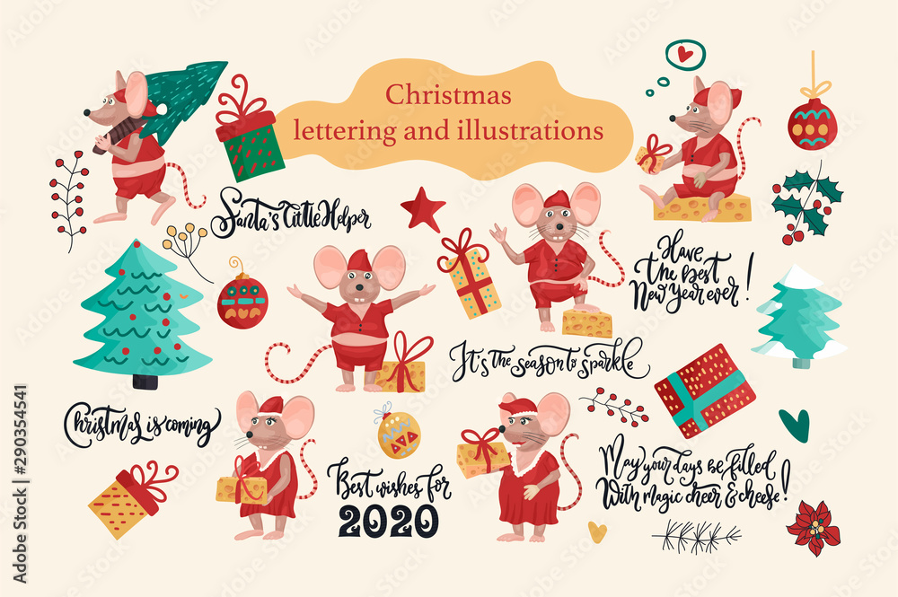 Flat vector set off little mouse with cheese in different poses. Christmas greeting illustrations with cute mice, decorations and lettering quotes. Flat vector set off little mouse with cheese in different poses. Christmas greeting illustrations with cute mice, decorations and lettering quotes.