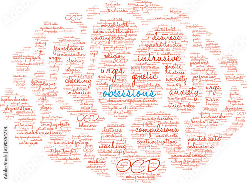 Obsessions with OCD Word Cloud on a white background. 