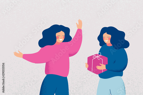 Cartoon young woman received present with love. Happy Girl gives big gift surprise. Vector character illustration.
